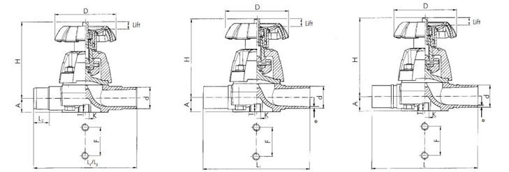 ابعاد قسمت‌های مختلف شیر دیافراگمی تایپ 315 برند +GF